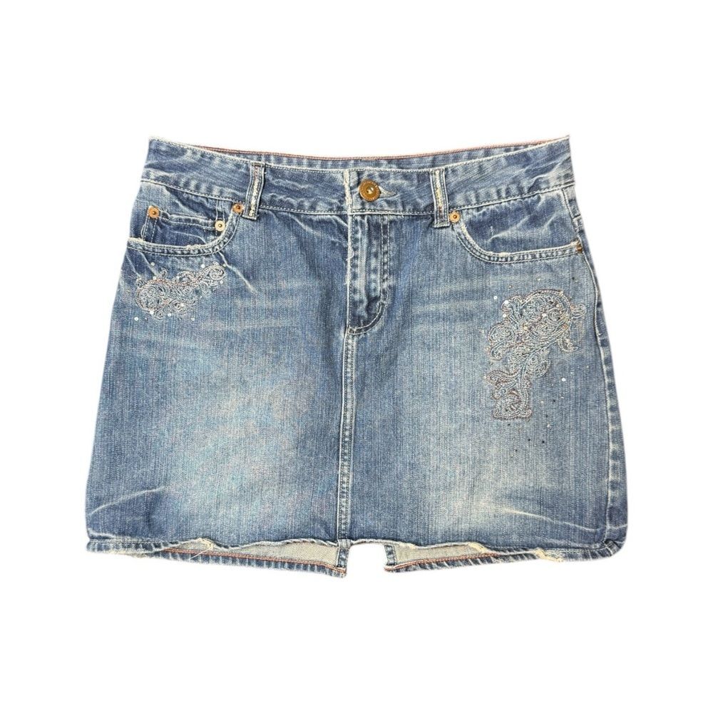 Y2K American Eagle Blue Mid Wash Denim Embroidered Rhinestone Mini Skirt Size 6